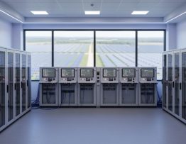 Eye-level view of a solar facility control room with security-focused operational technology racks, inverter cabinets, and connected network cabling, with solar panels blurred in the background.