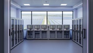 Eye-level view of a solar facility control room with security-focused operational technology racks, inverter cabinets, and connected network cabling, with solar panels blurred in the background.