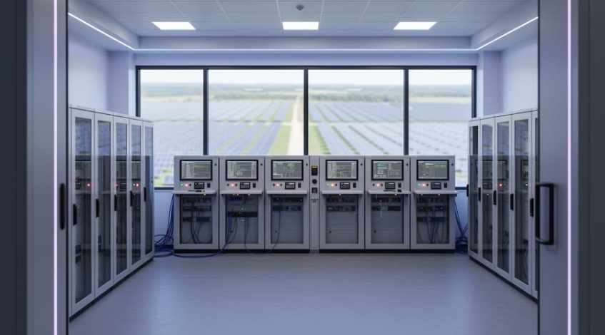 Eye-level view of a solar facility control room with security-focused operational technology racks, inverter cabinets, and connected network cabling, with solar panels blurred in the background.