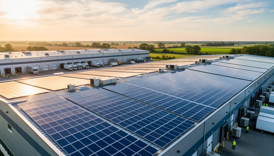 Rooftop solar panels mounted on a commercial hemp processing warehouse under a bright sky