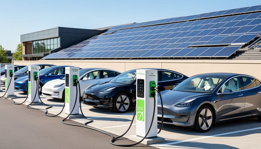 Rooftop solar panels on a commercial building alongside electric vehicle charging stations in an outdoor parking area.