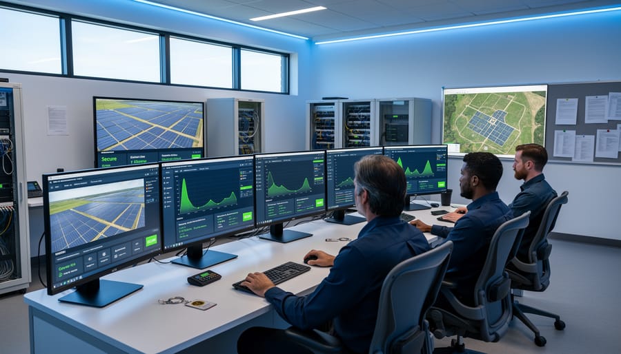 Solar control room at night with glowing indicator lights and monitoring equipment