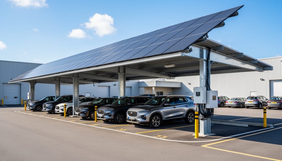 Solar panels mounted on a carport structure with a van parked underneath at golden hour