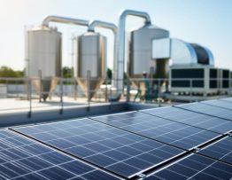 Solar panels on the roof of a hemp processing facility with stainless steel production equipment visible in the blurred background.