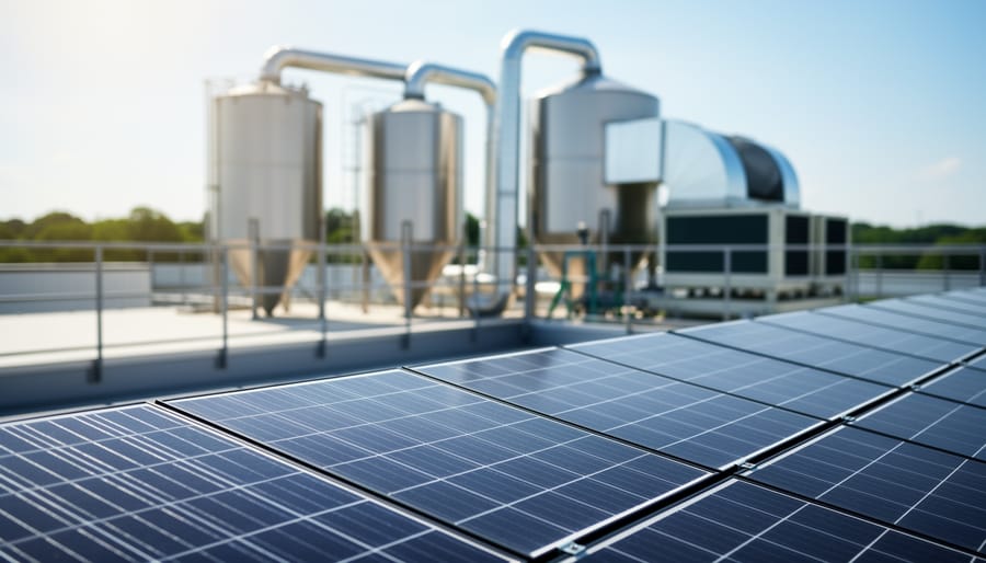 Solar panels on the roof of a hemp processing facility with stainless steel production equipment visible in the blurred background.