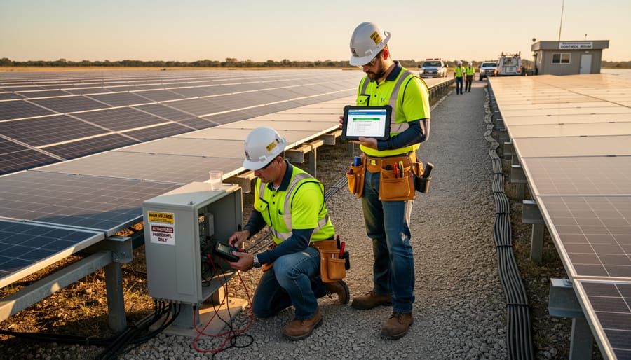 Technician carrying a diagnostic case walking between solar panels in an outdoor array