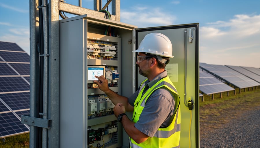 Technician’s gloved hands inspecting a commercial solar inverter cabinet with exposed wiring