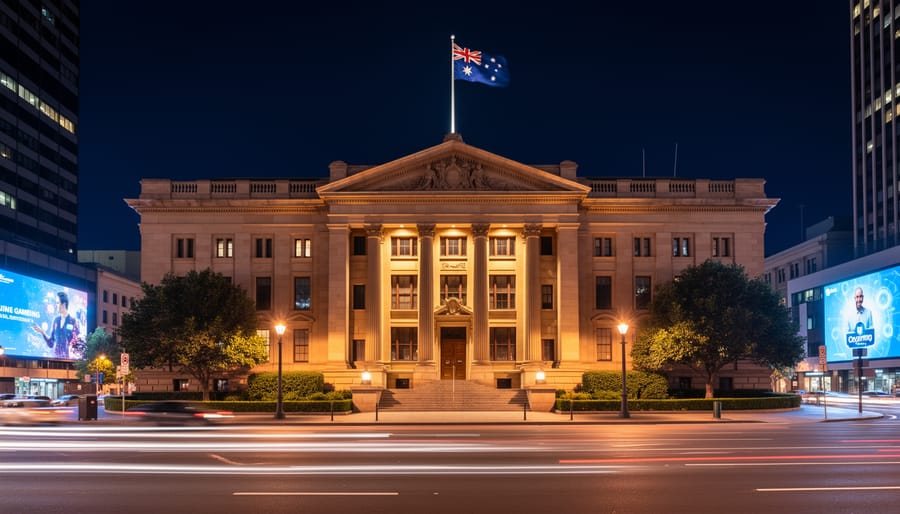 Editorial photograph showing an illuminated government building facade in an Australian city at dusk