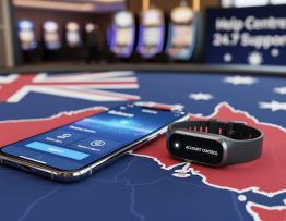 A smartphone with a glowing, unreadable interface rests next to a control-style device on a surface with subtle Australian flag colors, conveying responsible online casino player protection.