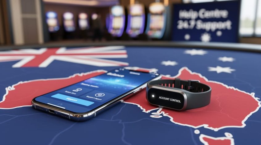 A smartphone with a glowing, unreadable interface rests next to a control-style device on a surface with subtle Australian flag colors, conveying responsible online casino player protection.