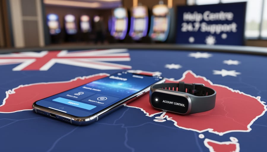 A smartphone with a glowing, unreadable interface rests next to a control-style device on a surface with subtle Australian flag colors, conveying responsible online casino player protection.